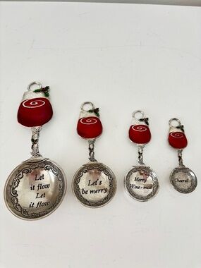 Decorative measuring spoons silver toned metal with wine theme & holly details